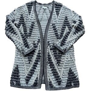 Lucky Brand Cotton Knit Black/Ivory Cardigan Sweater Long Open Sz S